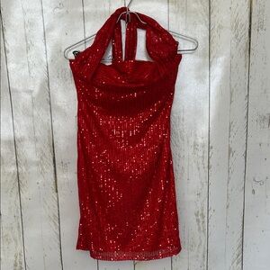 Red Sequin Halter Dress